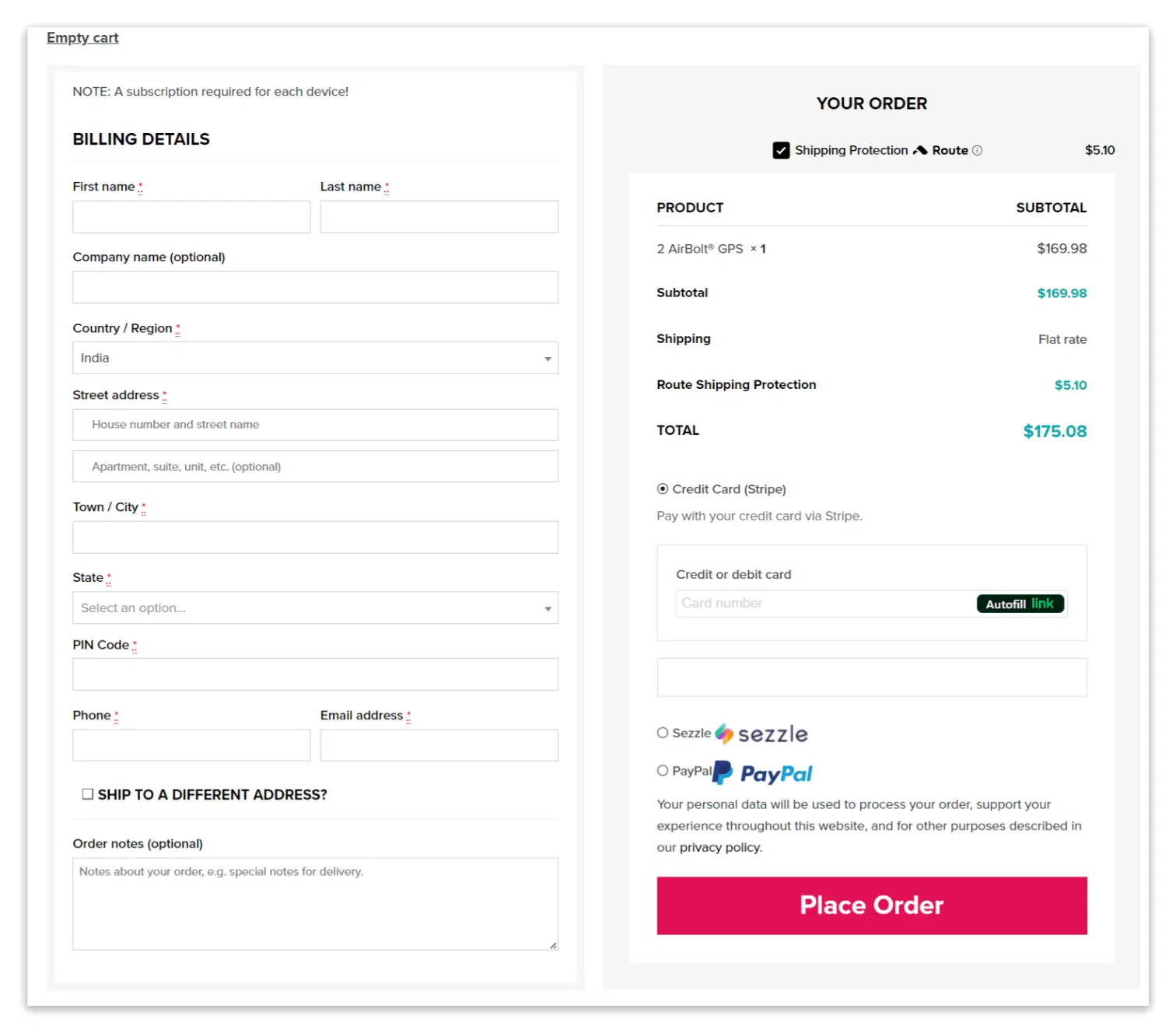 AirBolt GPS checkout page